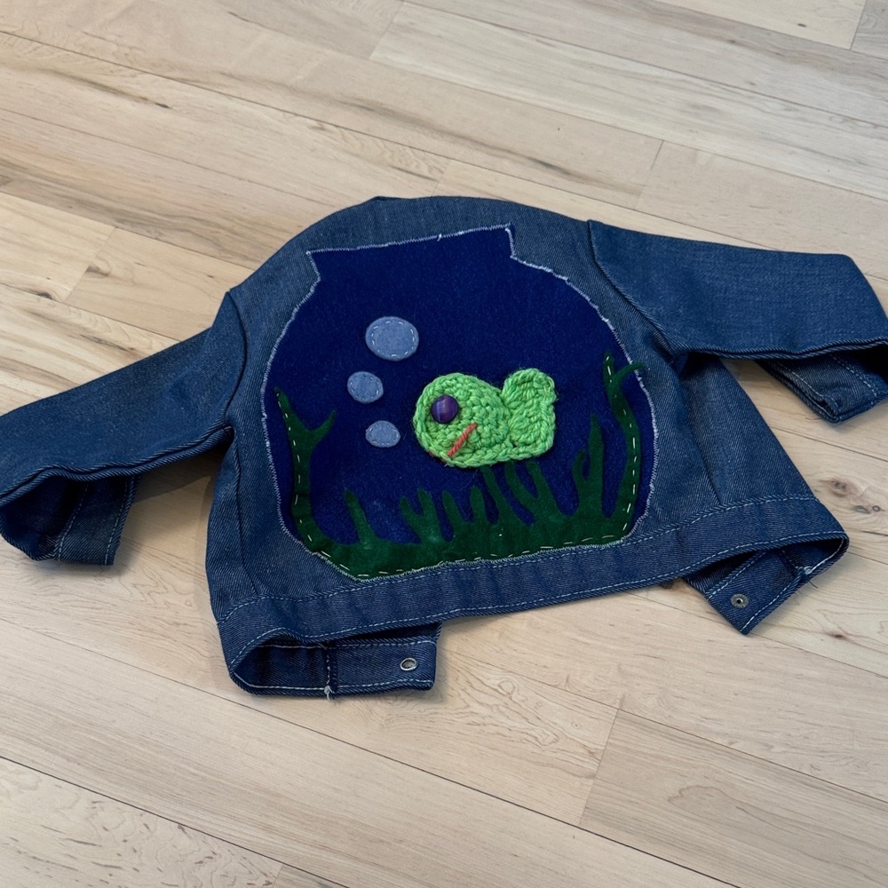 Vintage-Sears 70s Denim Jean Fish Custom Jacket-Adorable-3T-Hippie-Unisex